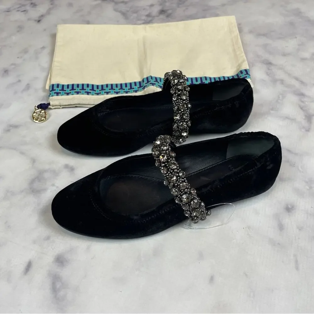 Tory Burch Black Velvet Crystal Strap Mary Jane Flats NWOB Sz 6.5